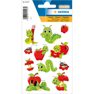 Zdjęcie produktu dla Naklejki z motywem robaka "Fritz" z ruchomymi oczkami, wykonane z tworzywa sztucznego, w kolorach zielonym i czerwonym, marki Herma Magic
