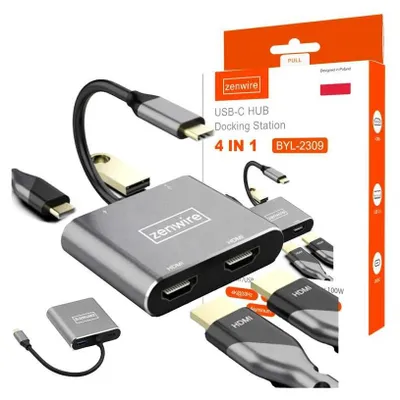 Zdjęcie produktu dla ADAPTER HUB Przejściówka USB-C 4W1 2x HDMI 4K USB 3.0 Zenwire BYL-2309