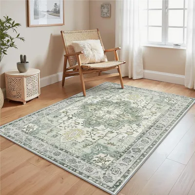 Immagine prodotto di Tappeto vintage lavabile in lavatrice, ideale per il soggiorno, colore verde, dimensioni 120x170 cm, con base antiscivolo