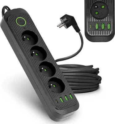 Zdjęcie produktu dla Przedłużacz 4 gniazda 5m LISTWA ZASILAJĄCA czarny + 4x USB Z WŁĄCZNIKIEM