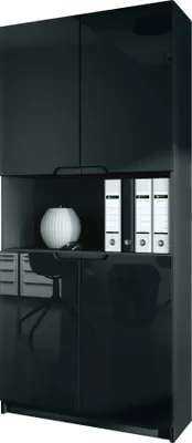 A black office cabinet with multiple doors and shelves, displaying binders and a decorative vase.