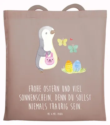 Produktbild von Mr. & Mrs. Panda Jutebeutel Pinguin Eier suchen - Braun Pastell - Geschenk, Tote Bag, Laptoptasche, Stoffbeutel, Tasche, Jutetasche, Ostern, totebag