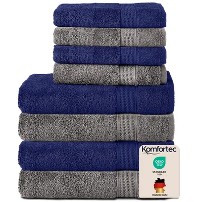 Produktbild von Komfortec 8er Handtuch Set aus 100% Baumwolle, 4 Badetücher 70x140 und 4 Handtücher 50x100 cm, Frottee , Weich,Groß, Anthrazit Grau/Navyblau