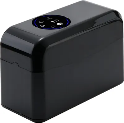 A black 3D printer resin heater and mixer sits on a white background.