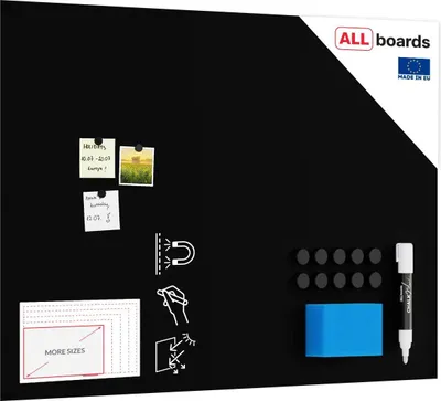 A black magnetic whiteboard with accessories, including magnets, a marker, and an eraser, displayed on a white background.