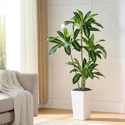 Produktbild von Künstlicher Drachenbaum, große künstliche Pflanze mit hohem weißen Topf, realistische künstliche Pflanzen für drinnen und draußen, Zuhause und Büro, moderne Dekoration, pflegeleichte künstliche Pflanzen (150 cm)