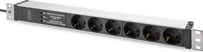 Produktbild von Digitus Steckdosenleiste mit Aluminiumprofil und Überspannungsschutz, integrierter Netzfilter, 6-fach Schutzkontaktsteckdose, 2 m Zuleitung Schutzkont, 1U, Aluminium, Kunststoff, 6 AC-Ausgänge, Typ F, Typ F, 2 m
