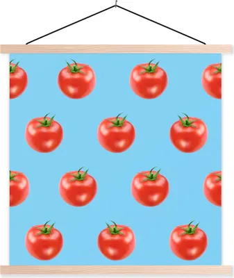 Produktbild von MuchoWow® Textilposter Tomate - Muster - Blau 60x60 cm mit holzfarbenen Rahmen - Wanddekoration