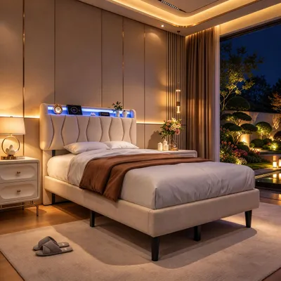 Immagine prodotto di Letto imbottito INONEFT, 90 x 200 cm, moderno, con testiera imbottita, struttura del letto con illuminazione LED e stazione di ricarica (beige, 90 x 200 cm)