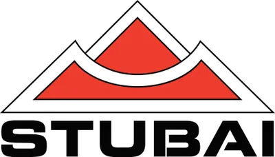 A logo with mountains and the brand name STUBAI.