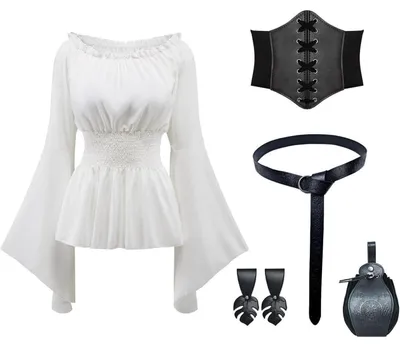 Produktbild von Piratenkostüm Damen Mittelalter Bluse mit Korsett Gürtel Gürteltasche M Weiß