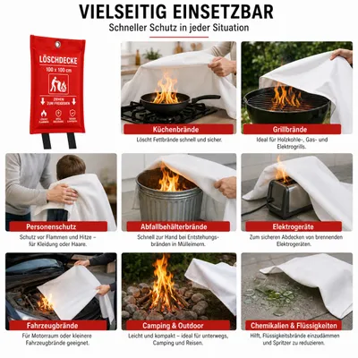 Image de Couverture anti-feu 100x100 cm, couverture coupe-feu DIN EN 1869:2001 testée MPA, en fibre de verre avec étui rouge, couverture anti-feu pour cuisine, productTiles.product.images.aiGenerated