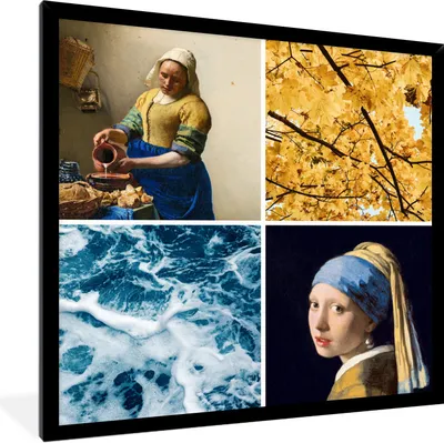 Produktbild von MuchoWow® Gerahmtes Poster Milchmädchen - Mädchen mit Perlenohrring - Collage 40x40 cm - Poster mit Schwarzem Bilderrahmen Wandposter Rahmen Foto Bilder - Mit Rahmen - Wanddekoration Schlafzimmer