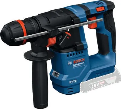 A cordless rotary hammer drill is shown against a white background.