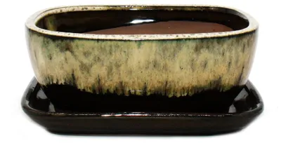 Produktbild von Bonsai-Schale mit Unterteller Gr. 3 Braun-Beige rechteckig Modell GB5 L 21,5cm B 17cm H 8 cm