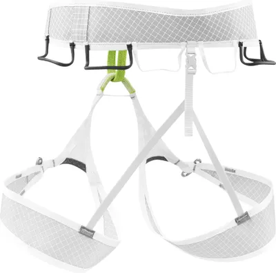Weißer Klettergurt "Prisma Guide Gurte" von Edelrid mit grünem Element; geeignet für Damen.