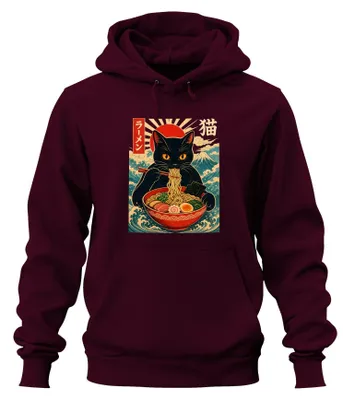 Immagine prodotto di Felpa con cappuccio a tema "Schwarze Katze Ramen", ispirata all'anime e al manga giapponese, stile kawaii e anni 2000, con motivo di noodles, colore bordeaux, taglia S