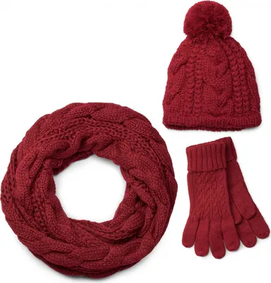 Produktbild von styleBREAKER Schal, Mütze und Handschuh Set, Zopfmuster Strickschal mit Bommelmütze und Handschuhe, Damen 01018208