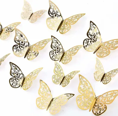 Produktbild von 12er 3D Schmetterlingsaufkleber Wanddeko Abnehmbar Gold Metallisch Wohnzimmer Schlafzimmer Dekoration