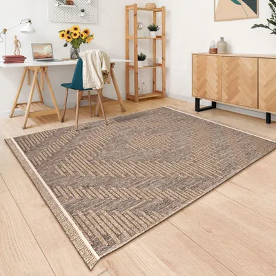 Produktbild von TT Home In-& Outdoor Teppich Wohnzimmer Wetterfest Terrasse Balkon Schlafzimmer Boho Stil Blattmotiv 3D Optik Fransen Größe 120x160 cm