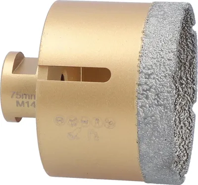 Produktbild von Diamantbohrkrone Ø 75 mm Winkelschleifer M14-Aufnahme Fliesen Feinsteinzeug Marmor Granit Keramikfliesen Steinzeug Kunststoff Tonrohr Klinkerriemchen Diamantbohrer Fliesenbohrer Trockenbohrer