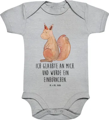 Produktbild von Mr. & Mrs. Panda babykleidung body Einhorn Glauben 1. - 3. Monat - Heather Grey - Geschenk, Einteiler, Einhörnchen, Strampler, Baby, Babybody, Unicorn, Eichhorn, kurzarm