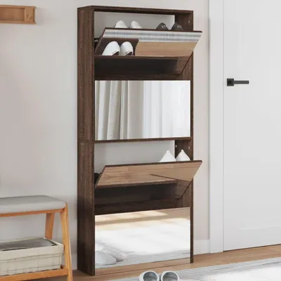 Image de vidaXL Armoire à chaussures avec miroir 4 compartiments imitation chêne brun 63x17x134cm