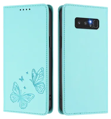 Image de Étui en cuir pour Samsung Galaxy Note 8, motif papillon en relief, étui portefeuille à rabat avec support, vert menthe