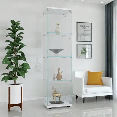 Produktbild von ProximaX Glassvitrine mit 4 Regalen und Tür, Standvitrine für Wohnzimmer, Schlafzimmer und Büro, 64.56” x 16.73”x 14.37”, Weiß