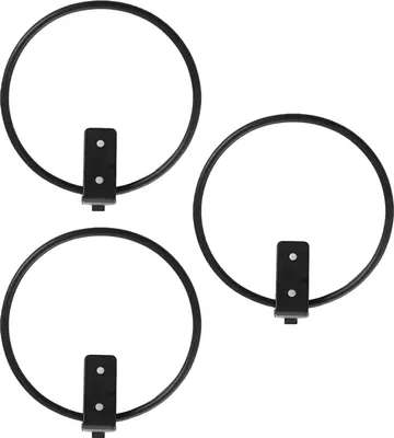 Three black metal plant pot holders are arranged in a triangular formation against a white background.