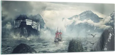 Produktbild von Bilder auf glas - Einteilig - Sturm Berge Segelschiff - 100x40cm - Glasbilder - Wandbilder - Bilder - zum Aufhängen bereit - Wanddekoration aus Glas - Glas Bilder - Wandbild auf Glas - GAB100x40-4208