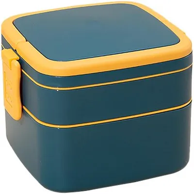 Image de Boîte à lunch légère, bleue et sans BPA, dotée de deux compartiments et d'une poignée, idéale pour les pique-niques ou les déplacements, 1 000 ml, avec un couvercle à clip.