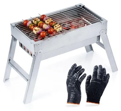 Obrázek produktu pro Skládací gril na dřevěné uhlí z nerezové oceli s rukavicemi