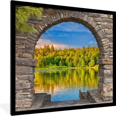 Produktbild von MuchoWow® Gerahmtes Poster Bäume - Wald - Wasser - Aussicht 40x40 cm - Poster mit Schwarzem Bilderrahmen Wandposter Rahmen Foto Bilder - Mit Rahmen - Wanddekoration Schlafzimmer