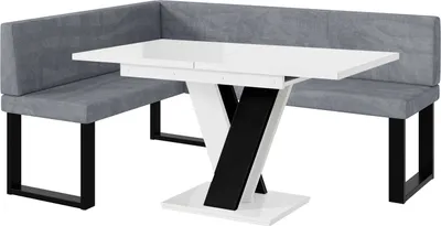Produktbild von MEBLINI Eckbank für Esszimmer mit ausziehbarem Tisch - Küchenbank - Essecke - Sitzecke Küche - TONI - U-Beine 128x168x87cm Links - Grau Samt/M Weiß-Schwarz Hochgl.