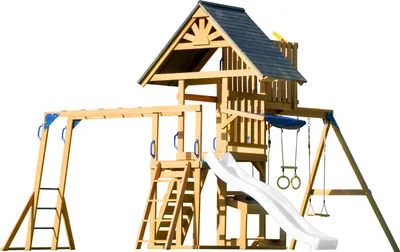 Produktbild von AXI Mitch Spielturm aus Holz in Braun mit Doppelschaukel | Spielplatz für Kinder mit weißer Rutsche, Schaukel, Trapez, Kletterwand, Aussichtsturm &