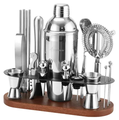 Cocktail-Shaker-Set 23-tlg., Edelstahl & Holz, spülmaschinengeeignet