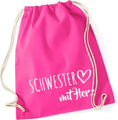 Produktbild von Huuraa Turnbeutel Schwester mit Herz 12 Liter Fuchsia Baumwolle Rucksack Geschenkidee