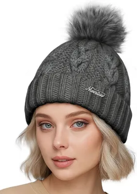 Produktbild von Damen Strickmütze Zopfstrickmuster Bommelmütze gefüttert mit Fleece Wintermütze Model 1979 Neverless®