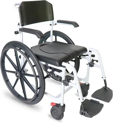 Produktbild von Toilettenstuhl mit Rollen für Senioren Schwarz, selbstfahrender Duschstuhl für Behinderte, höhenverstellbarer Duschrollstuhl mit 60 cm Rädern, fahrbarer Leibstuhl bis 120 kg - Modell PRO