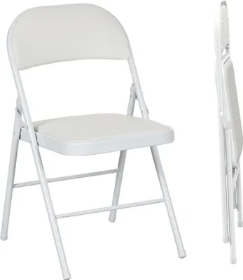 A white folding chair is shown from the front and side against a white background.