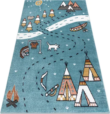 Produktbild von Teppich FUN Indian für Kinder, Indianerdorf, Tiere blau Blau 160x220 cm