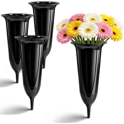 Produktbild von com-four® 4x Grabvasen - Friedhofsvase schwarz mit Erdspieß - 23 cm