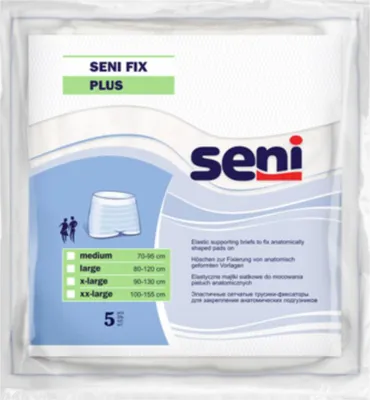 The image shows the packaging of Seni Fix Plus Fixierhosen.