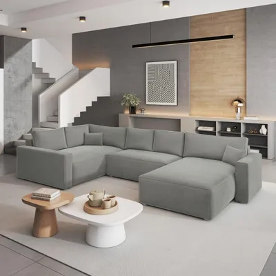 Produktbild von Masseno Ecksofa VELAMI L-S mit Schlaffunktion U-Form, Sofa mit Bettkasten, Wohnzimmersofa, Couch, Soffa, Bettsofa, Couchgarnitur- Hellgrau, MONOLITH 84
