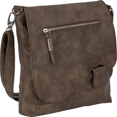 A close-up studio shot of a brown leather messenger bag.