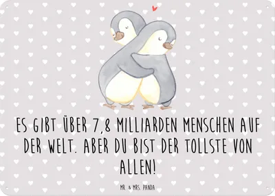 Produktbild von Mr. & Mrs. Panda Wandbild Pinguine Kuscheln DIN A6 - Grau Pastell - Geschenk, Valentinstag, Retro Blechschild, Blechtafel, Jahrestag, Türschild, für Freundin, Schild