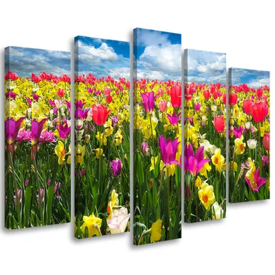 Produktbild von 5-teiliges leinwandbild bunte blumen wiese 100x70 cm Feeby farbe wandbild bereit zum aufhängen