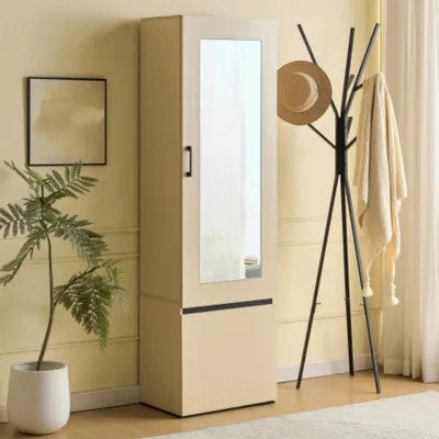 Produktbild von Garderobenschrank mit Spiegel und ausziehbarer Kleiderstange, Flurschrank,Kleiderschrank, platzsparender Garderobenschrank