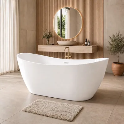 Produktbild von Badplaats Freistehende Badewanne Alegre 170 x 78 x 68 cm Weiß Hochglanz - Standbadewanne aus Acryl mit Mit Überlauf und Abflussstopfen